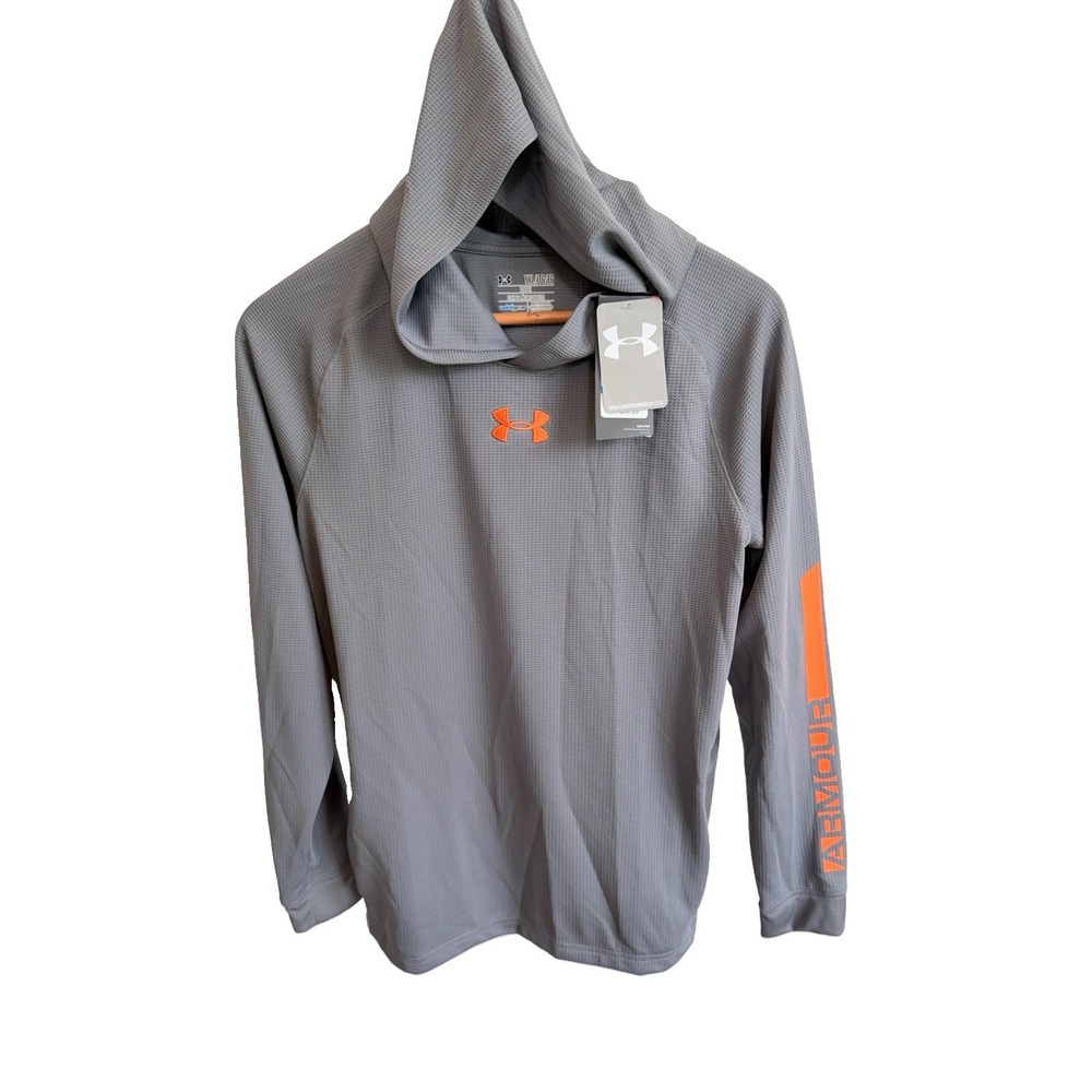 Under Armour Youth XL Hoodie Cold Gear Long Sleeve Grey Orange Waffle Shirt NWT